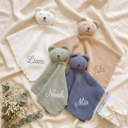 Personalised Knit Bear Lovey - custom name embroidered baby security blanket | SweetCarry