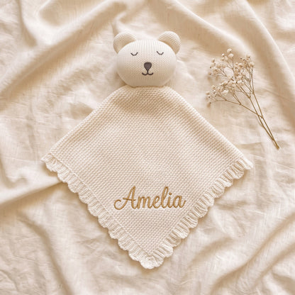 Personalised Knit Bear Lovey - Sage Green with name in white cursive | SweetCarry