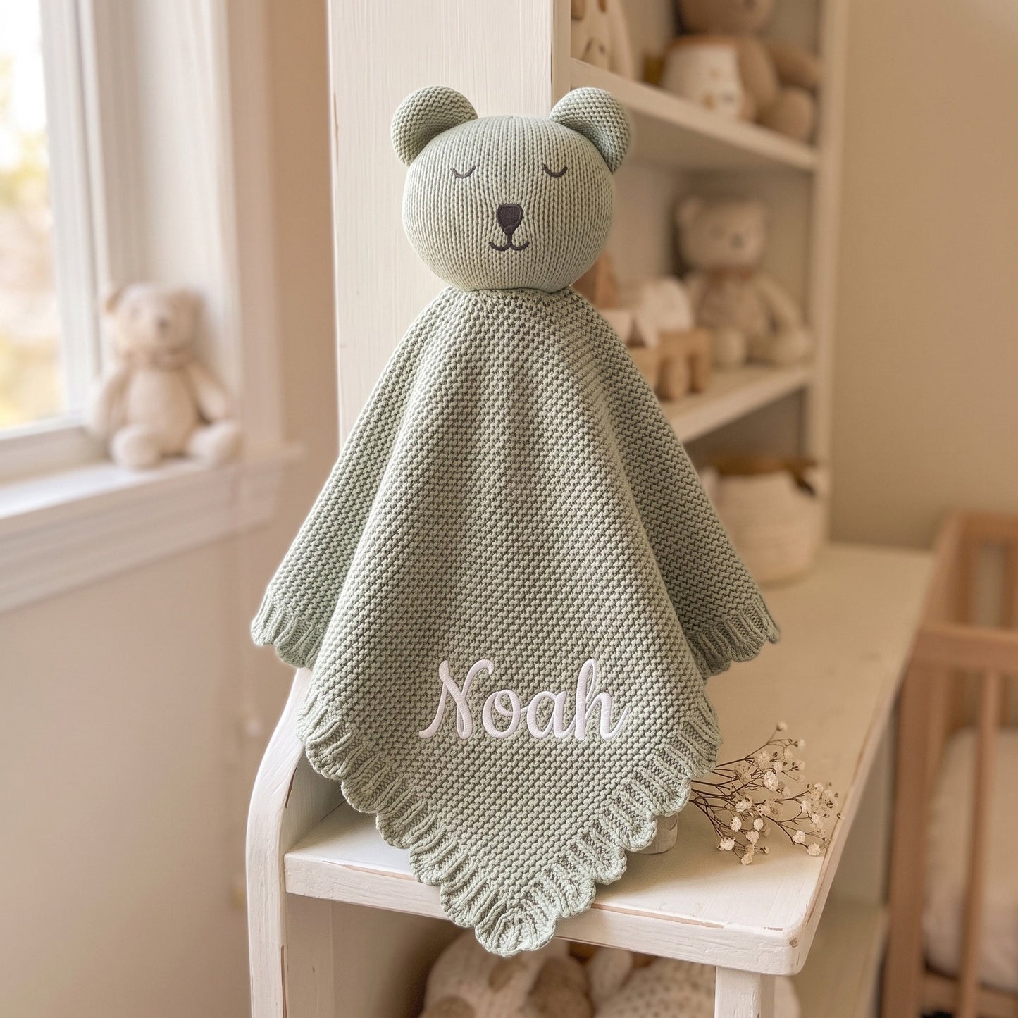 Personalised Knit Bear Lovey - knit texture and scallop trim detail | SweetCarry