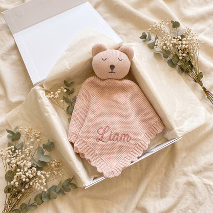 Personalised Knit Bear Lovey - gift box scene with embroidered name | SweetCarry
