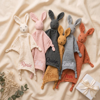 Personalised Muslin Bunny Lovey - custom name embroidered baby security blanket | SweetCarry
