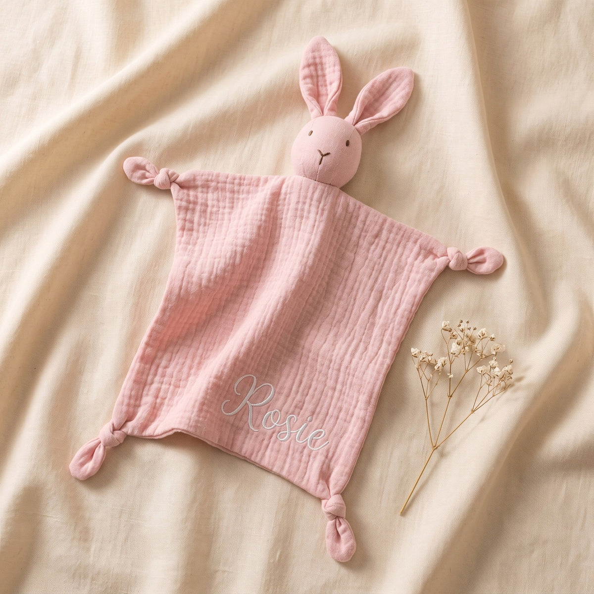 Personalised Bunny Lovey - Grey muslin with name in black cursive | SweetCarry