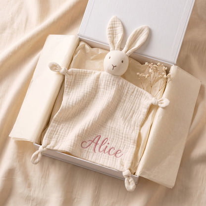 Personalised Baby Bunny Lovey - nursery lifestyle on white bedding | SweetCarry