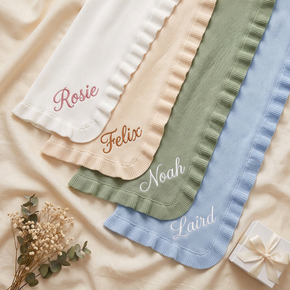 Personalised Ruffle Edge Baby Blanket - custom name embroidery in cursive | SweetCarry