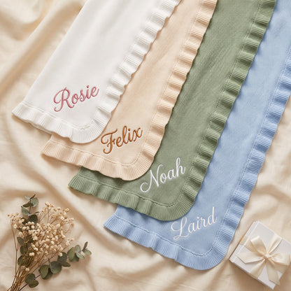 Personalised Ruffle Edge Baby Blanket - custom name embroidery in cursive | SweetCarry