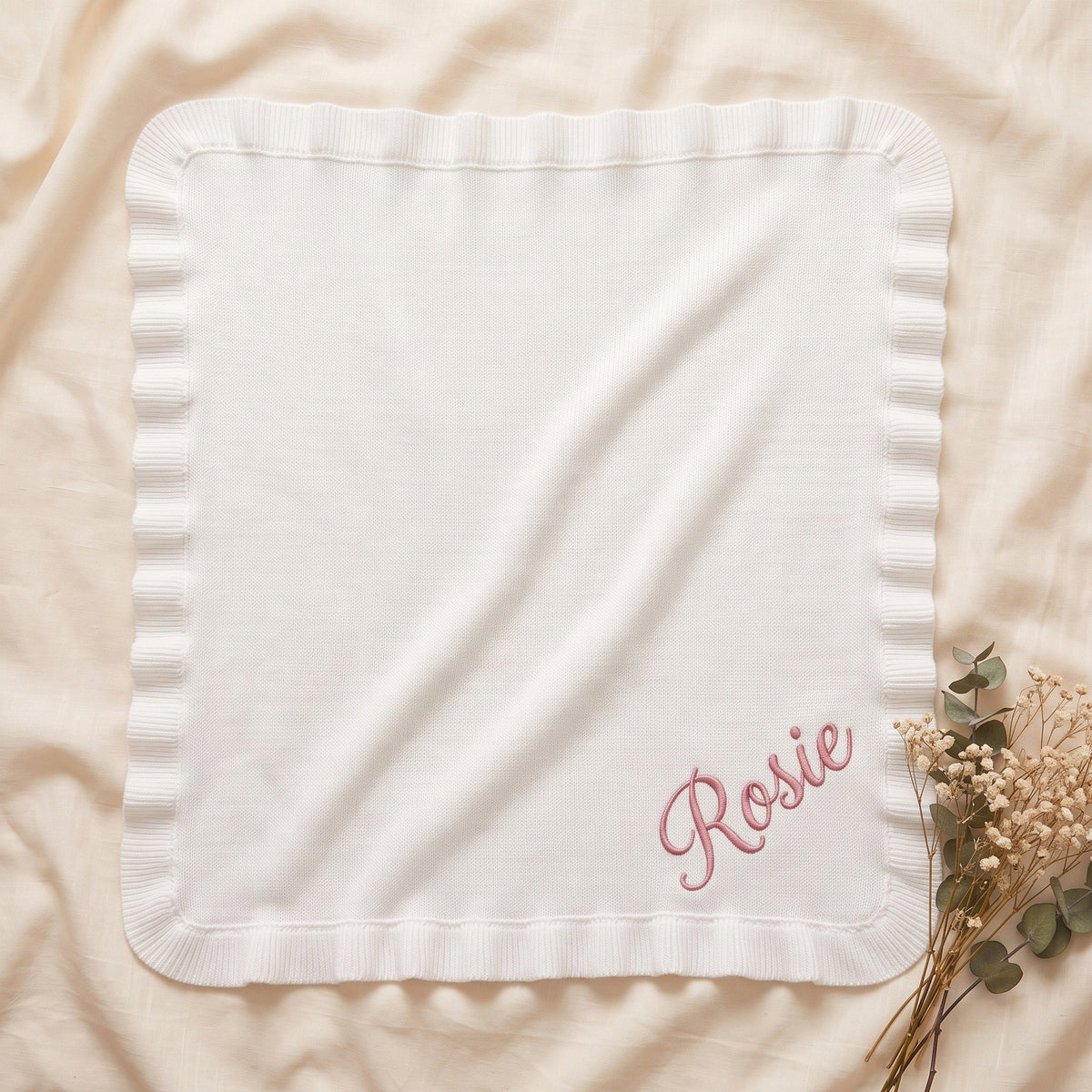 Personalised Ruffle Baby Blanket - Pink with name in white | SweetCarry