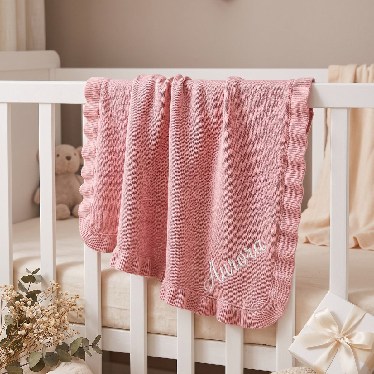 Personalised Ruffle Baby Blanket - White with name in rose pink | SweetCarry