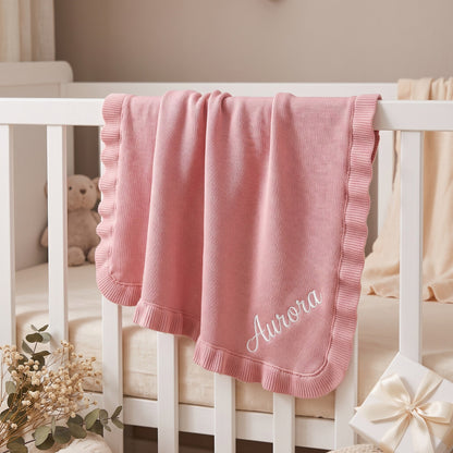 Personalised Ruffle Baby Blanket - White with name in rose pink | SweetCarry