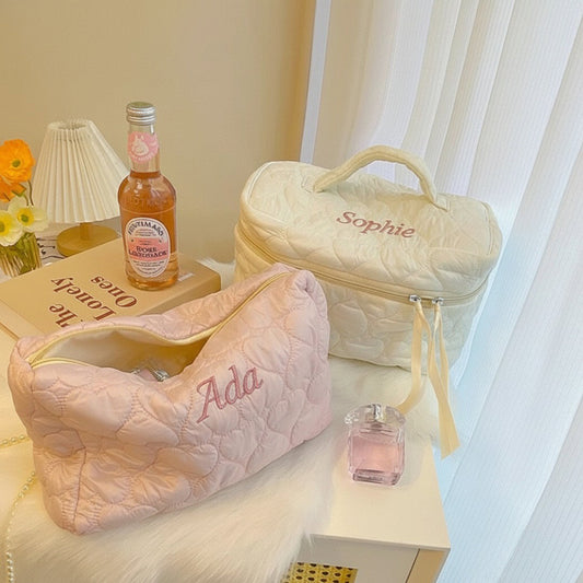 Personalised Embroidery Makeup Bag — Custom Name Quilted Cosmetic Bag Gift for Her