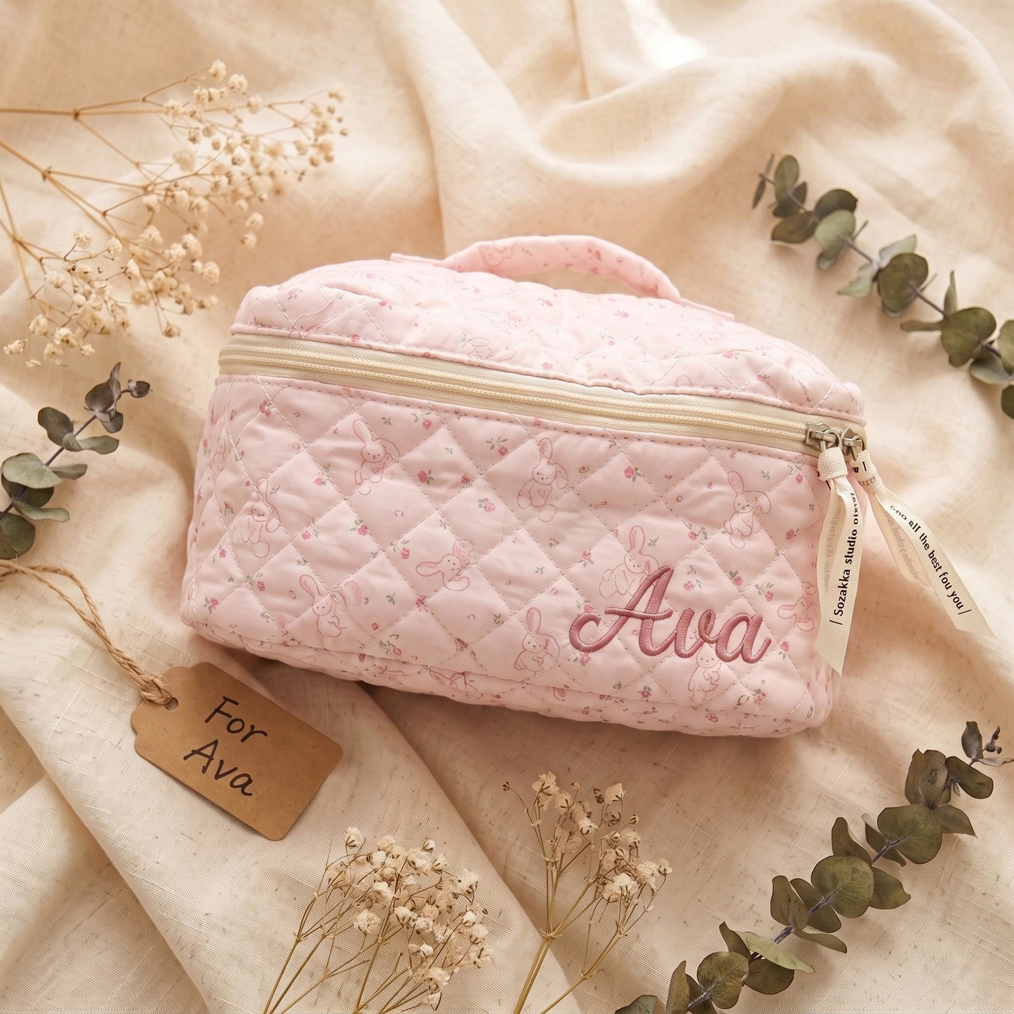 Personalised Quilted Whimsical Print Makeup Bag - Pink Bunny print with custom name embroidery | SweetCarry