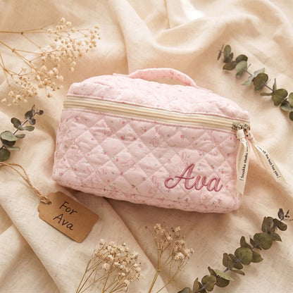 Personalised Quilted Whimsical Print Makeup Bag - Pink Bunny print with custom name embroidery | SweetCarry