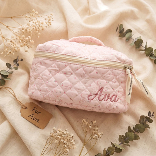 Personalised Quilted Whimsical Print Makeup Bag - Pink Bunny print with custom name embroidery | SweetCarry