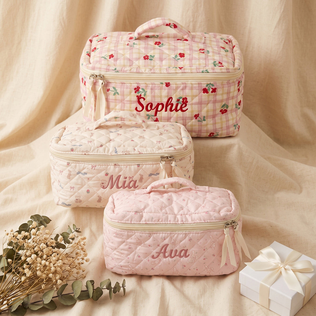 Personalised Quilted Whimsical Print Makeup Bag - Pink Cherry print with custom name embroidery | SweetCarry