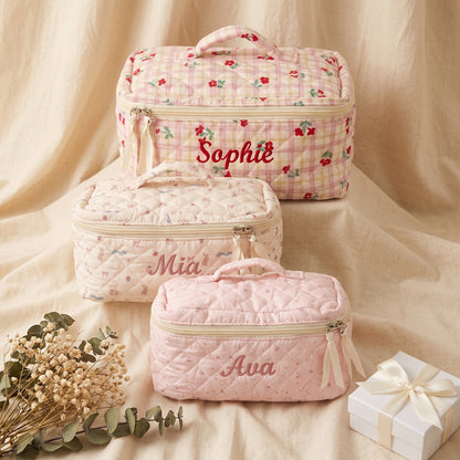 Personalised Quilted Whimsical Print Makeup Bag - Pink Cherry print with custom name embroidery | SweetCarry
