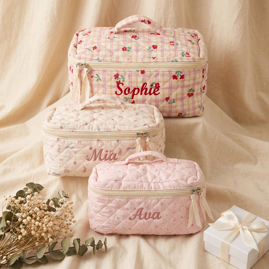 Personalised Quilted Whimsical Print Makeup Bag - Pink Cherry print with custom name embroidery | SweetCarry