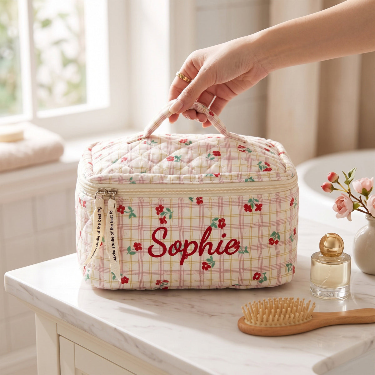 Personalised Quilted Whimsical Print Makeup Bag - Pink Cherry print detail | SweetCarry