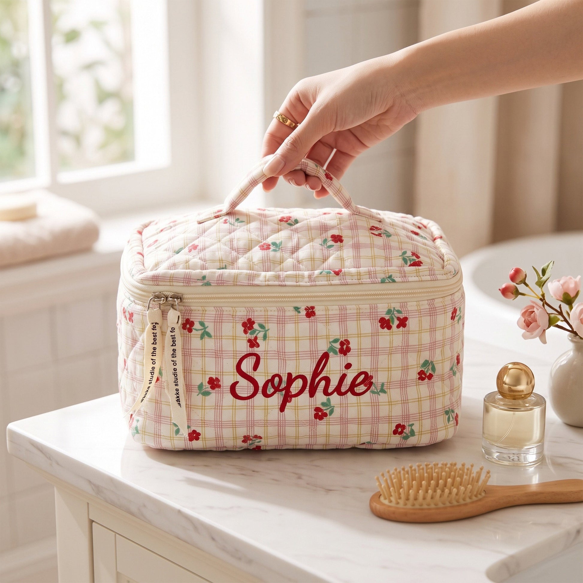 Personalised Quilted Whimsical Print Makeup Bag - Pink Cherry print detail | SweetCarry