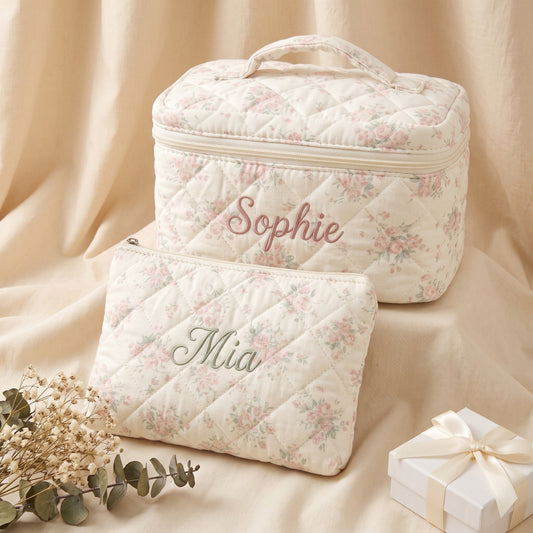 Personalised Vintage Rose Floral Makeup Bag — Custom Name | Gift for Her