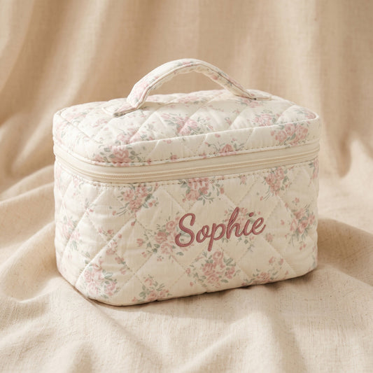 Personalised Vintage Rose Floral Makeup Bag — Custom Name | Gift for Her