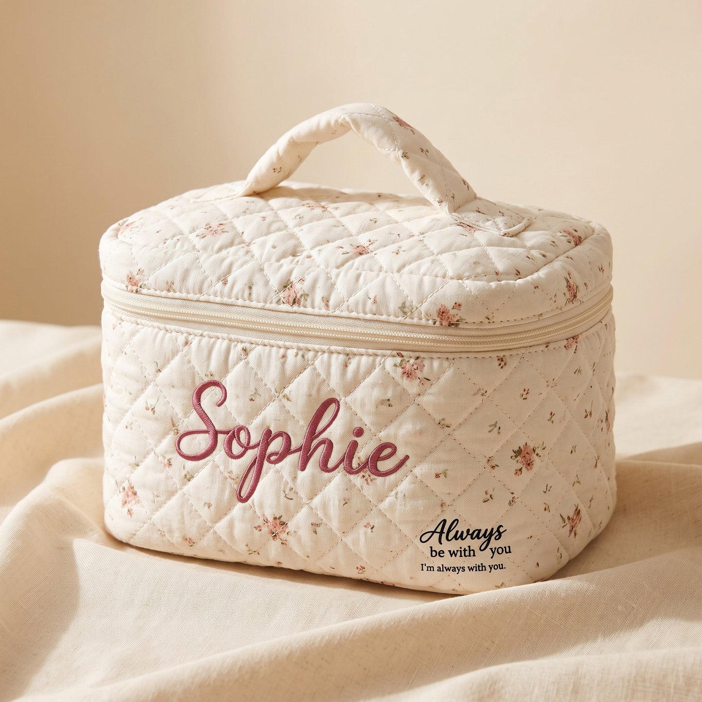 Personalised Diamond Quilted Ditsy Floral Makeup Bag - Pink Floral print detail | SweetCarry