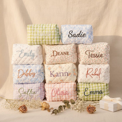 Personalised Quilted Floral Makeup Bag — Custom Name Embroidery Cosmetic Bag Gift for Her