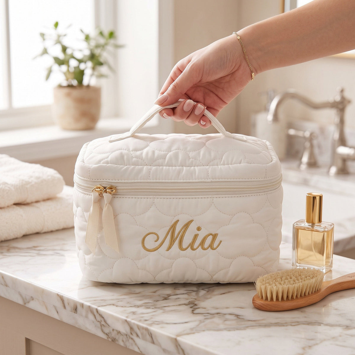 Personalised Quilted Puffer Makeup Bag — Custom Name Cosmetic Bag | Gift for Her