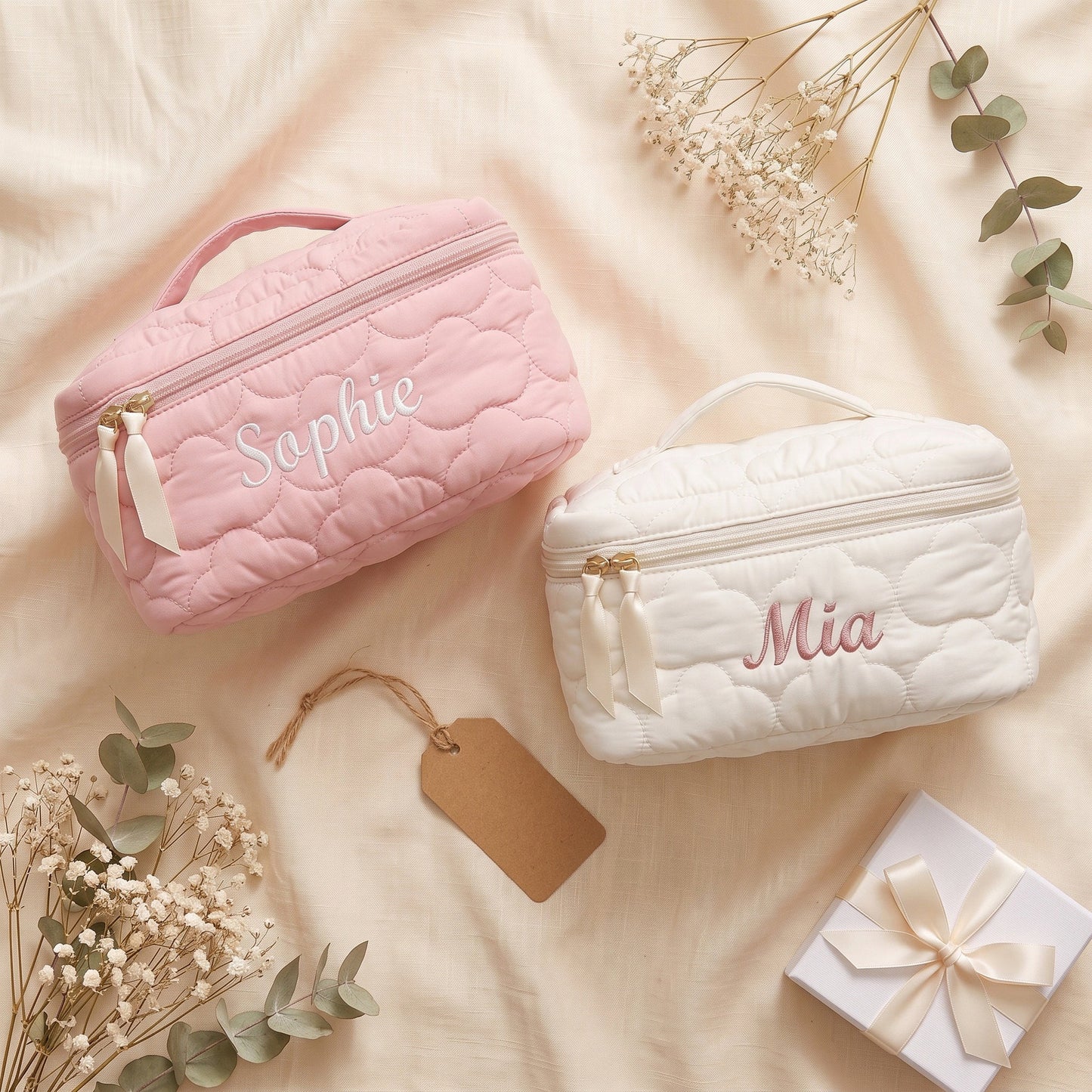 Personalised Quilted Puffer Makeup Bag — Custom Name Cosmetic Bag | Gift for Her