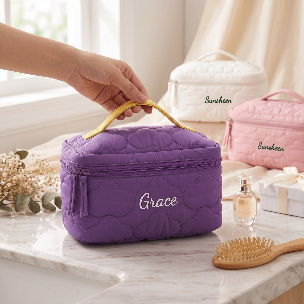 Personalised Quilted Puffer Makeup Bag — Custom Name Cosmetic Bag | Gift for Her
