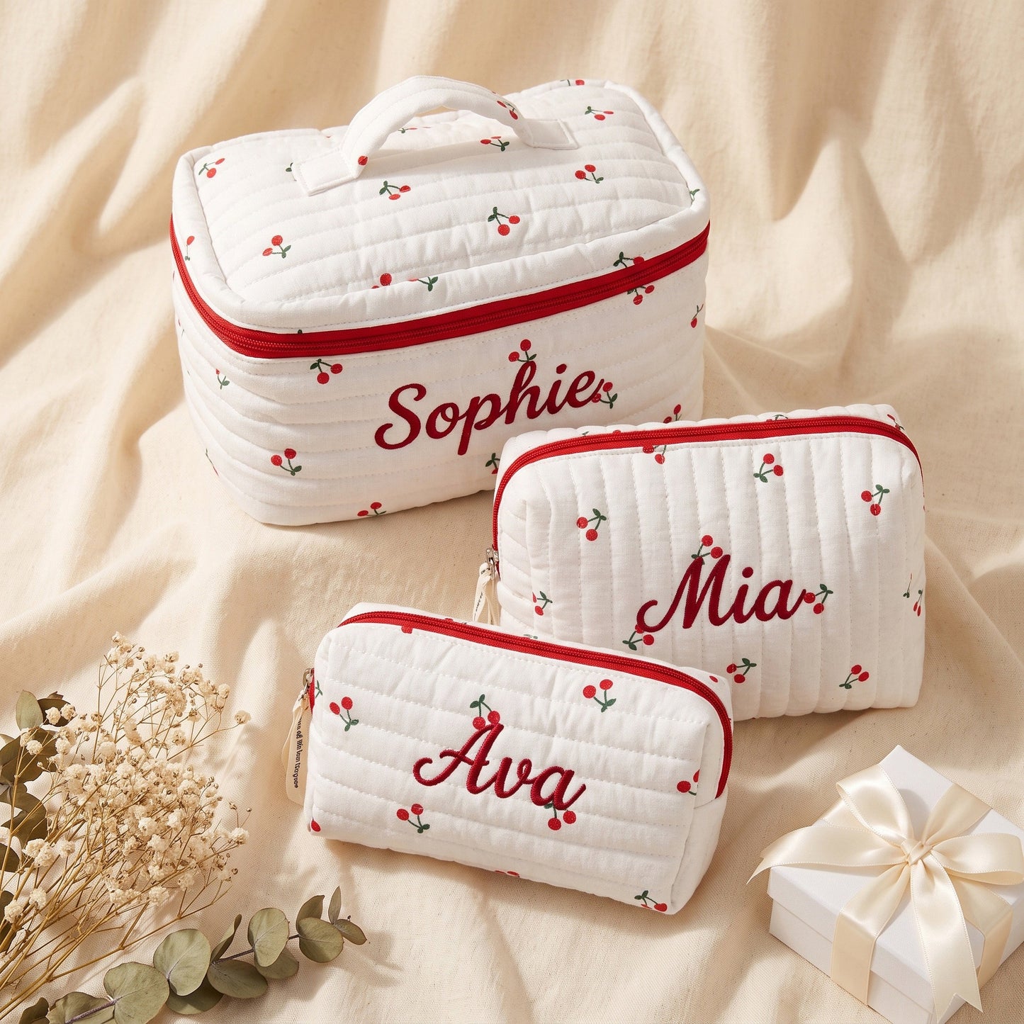 Personalised Quilted Cherry Makeup Bag - cherry print with custom name embroidery | SweetCarry