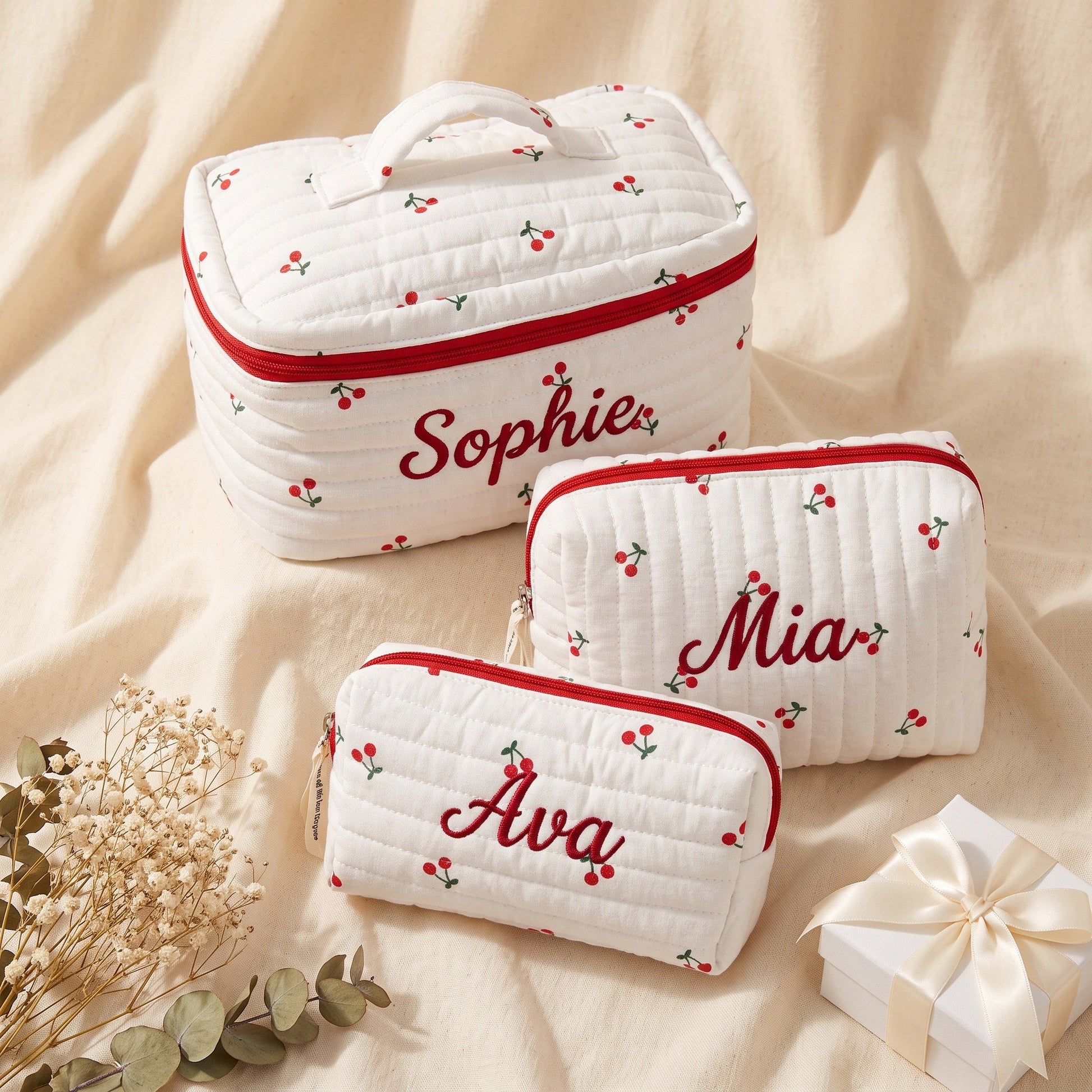 Personalised Quilted Cherry Makeup Bag - cherry print with custom name embroidery | SweetCarry