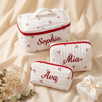 Personalised Quilted Cherry Makeup Bag - cherry print with custom name embroidery | SweetCarry