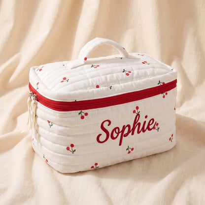 Personalised Quilted Cherry Makeup Bag - cherry print detail with embroidered name | SweetCarry