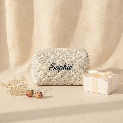 Personalised Quilted Floral Makeup Bag — Custom Name Embroidery Cosmetic Bag Gift for Her