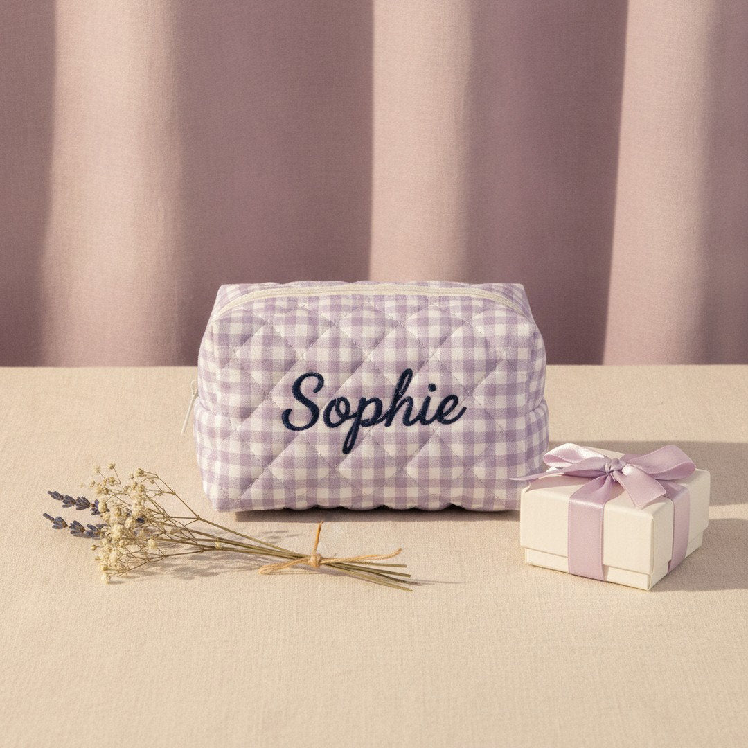 Personalised Quilted Floral Makeup Bag — Custom Name Embroidery Cosmetic Bag Gift for Her