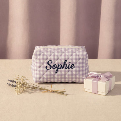 Personalised Quilted Floral Makeup Bag — Custom Name Embroidery Cosmetic Bag Gift for Her