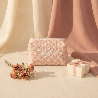 Personalised Quilted Floral Makeup Bag — Custom Name Embroidery Cosmetic Bag Gift for Her
