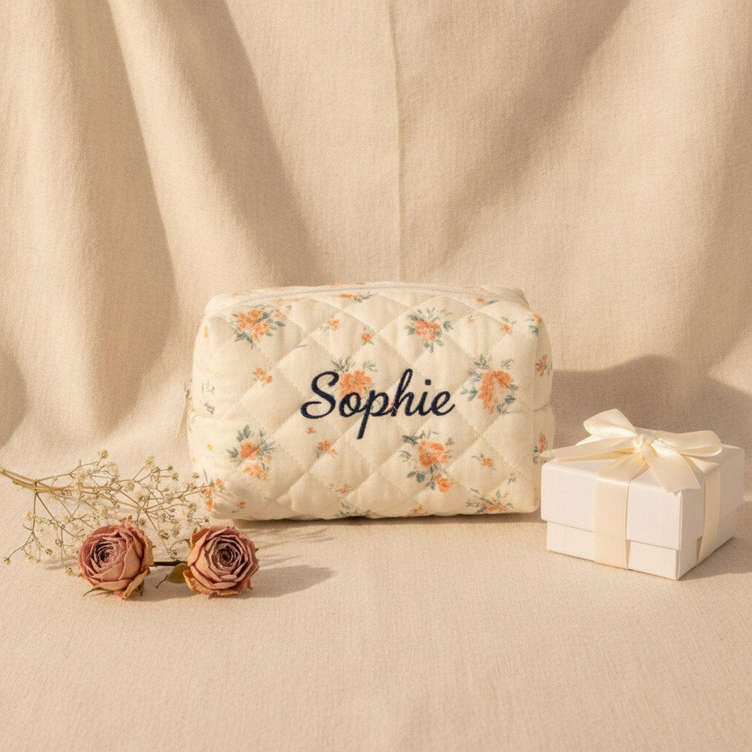 Personalised Quilted Floral Makeup Bag — Custom Name Embroidery Cosmetic Bag Gift for Her