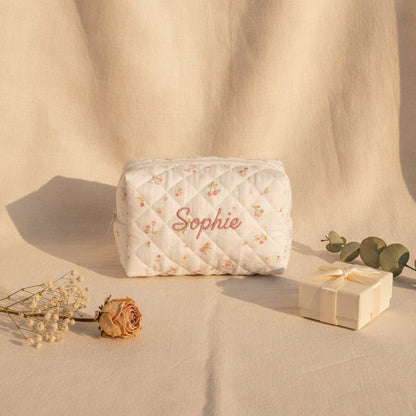 Personalised Quilted Floral Makeup Bag — Custom Name Embroidery Cosmetic Bag Gift for Her