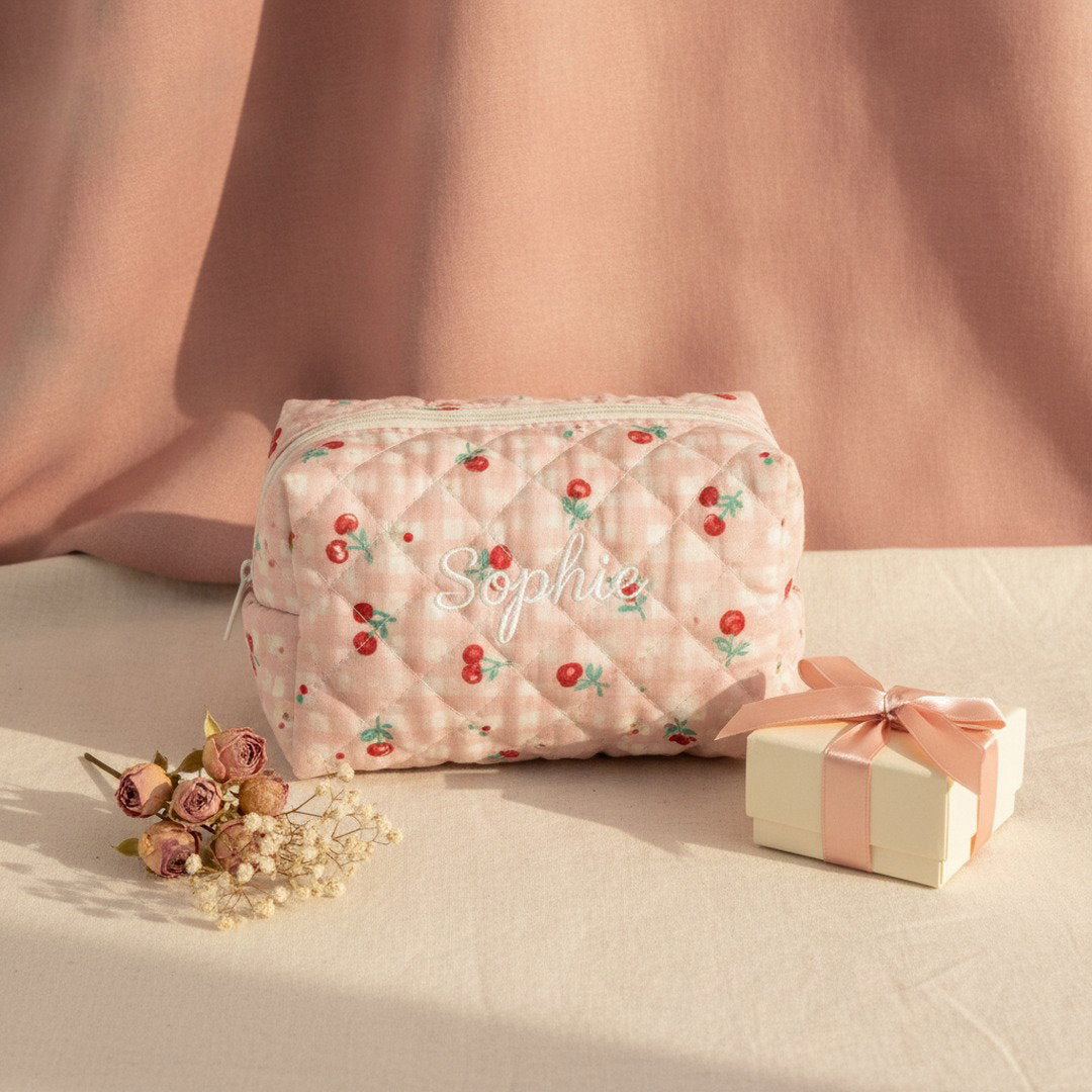 Personalised Quilted Floral Makeup Bag — Custom Name Embroidery Cosmetic Bag Gift for Her