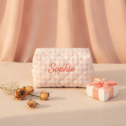 Personalised Quilted Floral Makeup Bag — Custom Name Embroidery Cosmetic Bag Gift for Her