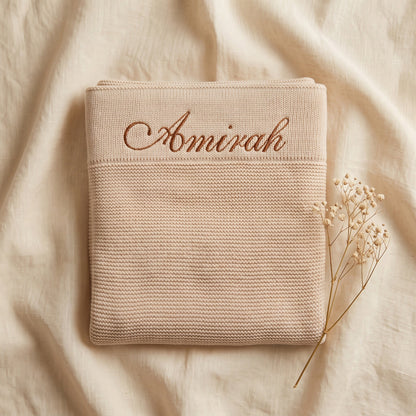 Personalised Knit Baby Blanket - single draped view showing embroidered border | SweetCarry