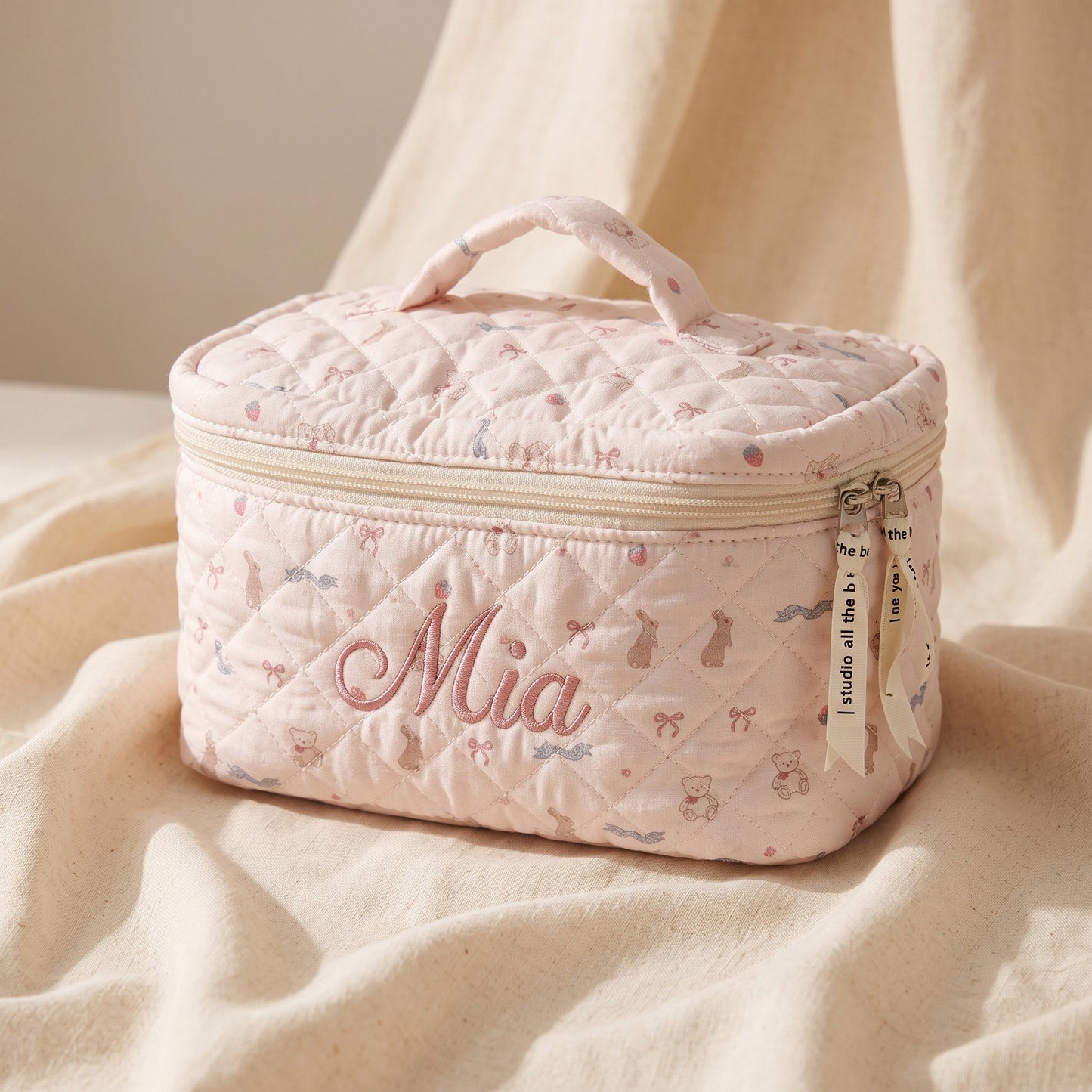 Personalised Quilted Whimsical Print Makeup Bag - Teddy & Ribbon print with custom name embroidery | SweetCarry