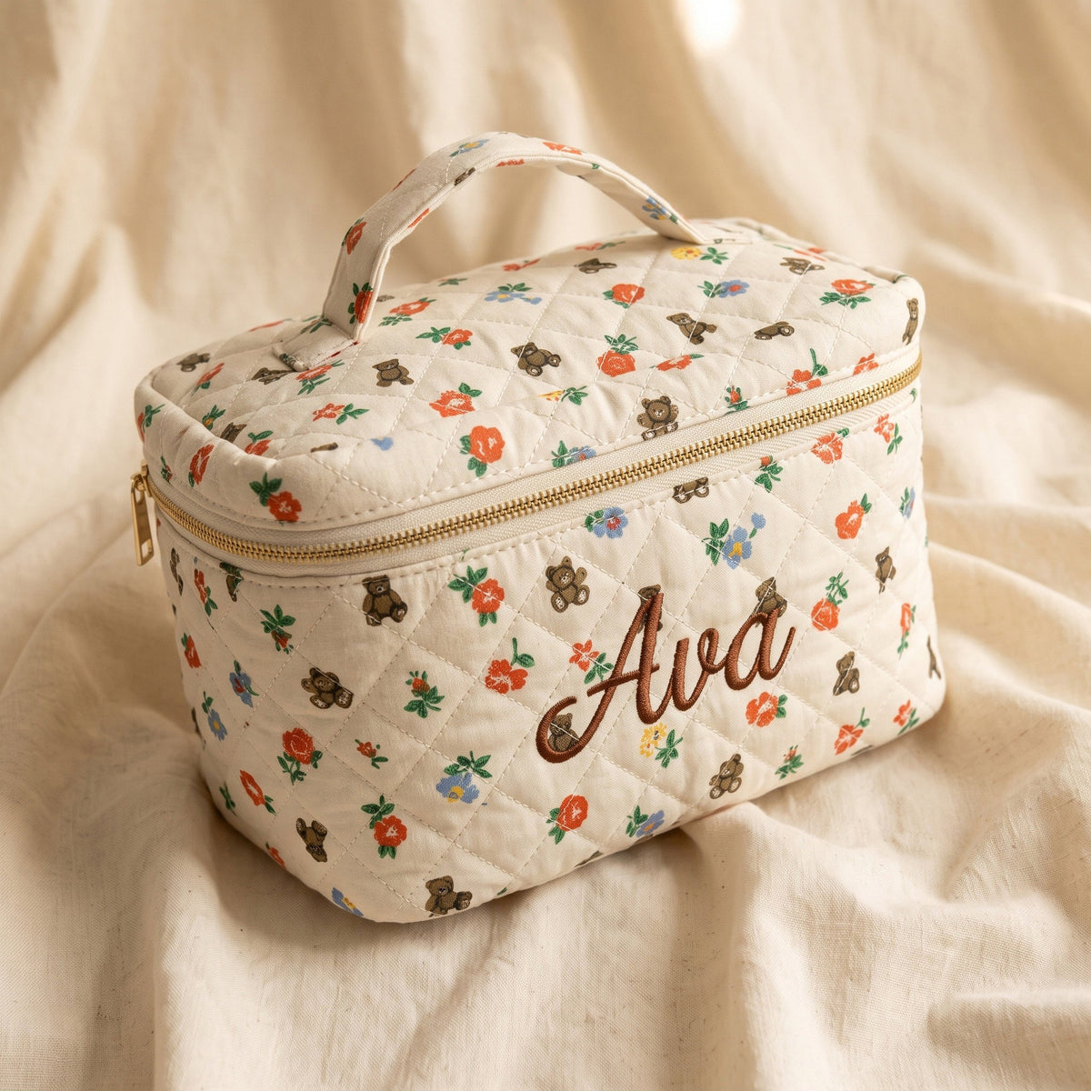 Personalised Quilted Print Train Case - Teddy Bear Floral print detail | SweetCarry