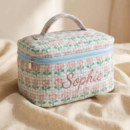 Personalised Quilted Print Train Case - Blue Gingham Rose print with custom name embroidery | SweetCarry