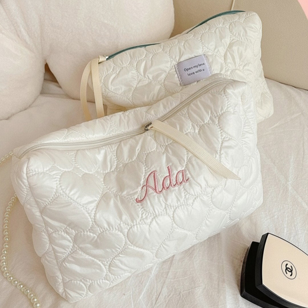 Personalised Embroidery Makeup Bag — Custom Name Quilted Cosmetic Bag Gift for Her