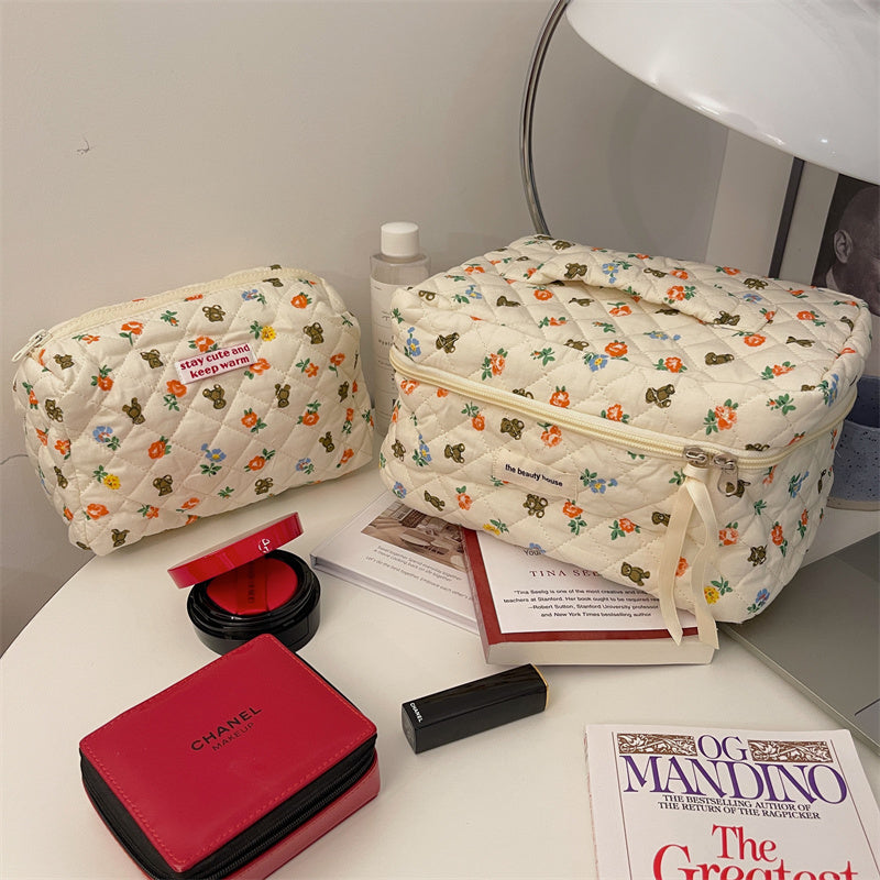 Cute Bear White Red Floral Quilted cotton Cosmetic Organizer, Cute pencil case
