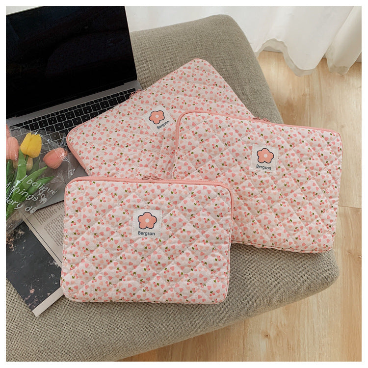 Quilted Cute Pink Green Floral Plaid iPad Bag,Laptop Sleeve,Laptop Bag