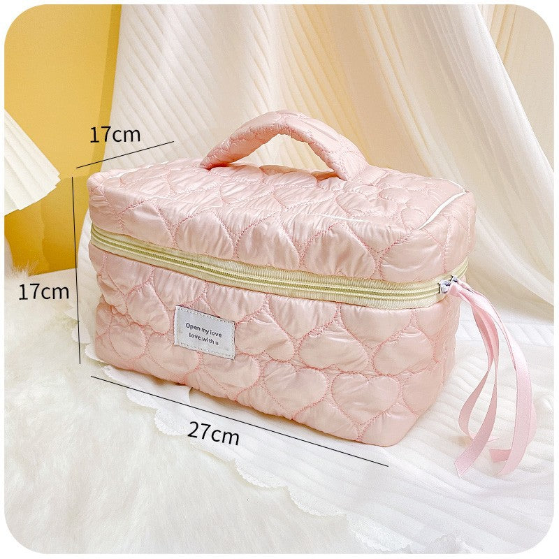 Cute Pink White Love Hearts Soft Quilted cotton Bridesmaid Makeup Bag, Large Capacity Makeup Bag