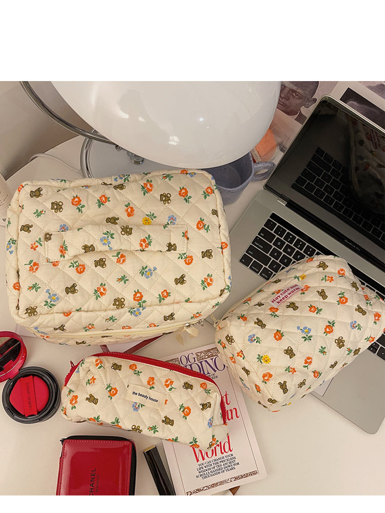 Cute Bear White Red Floral Quilted cotton Cosmetic Organizer, Cute pencil case