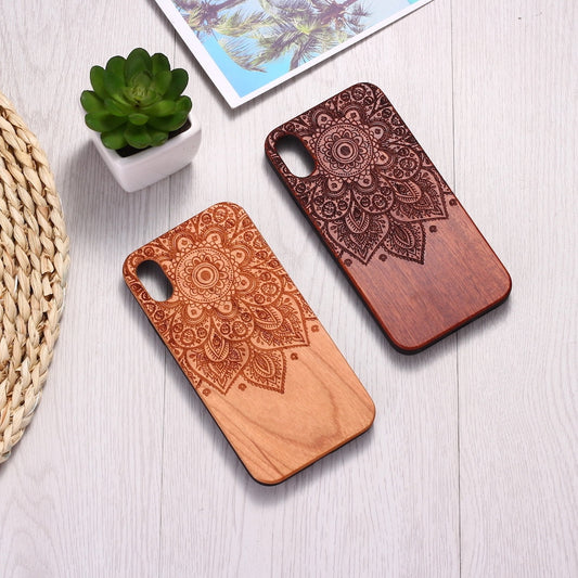 Vintage Henna Mandala Floral Engraved Wood iPhone 14 13 12 11 Case